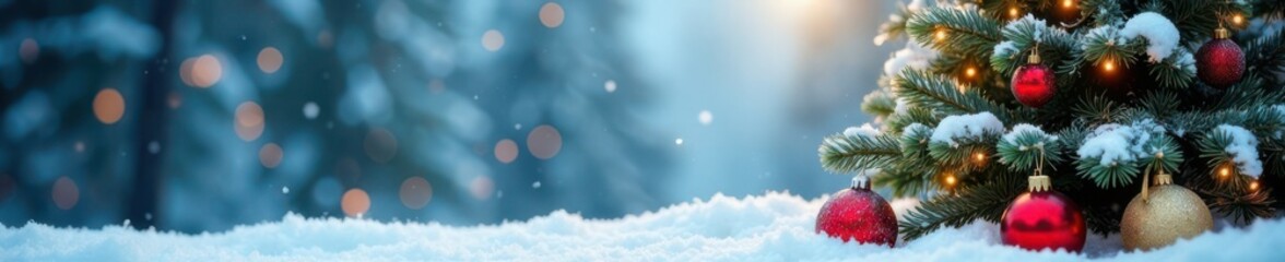 Snowy winter background with Christmas tree and ornaments, snow covered ground, seasonal decor