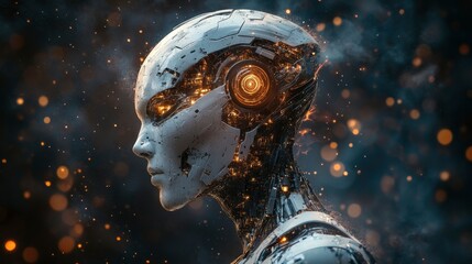 Futuristic Female Robot Head Artificial Intelligence, Sparks, and Technological Advancement