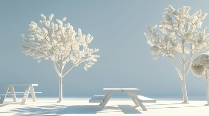 Minimalist all-white picnic area with geometric table designs,  trees casting shadows, clean aesthetic complexity.