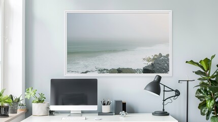 A white rectangular frame in a chic home office, placed above a desk with a computer, lamp, and a few potted plants.   HD 8K mockup wallpaper Photographic Image