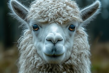 Fluffy White Llama With Expressive Eyes Captured in Close-Up Against a Natural Backdrop