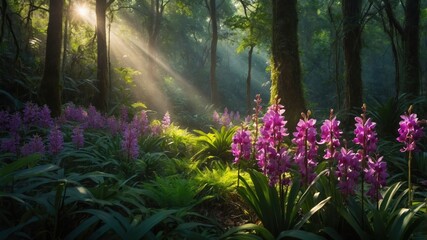 Obraz premium Sunlight Through Forest with Wild Purple Orchids in the Foreground