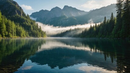 Calm Lake Reflecting Mountain Peaks and Forest with Morning Mist