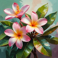 Fototapeta premium Pink Plumeria Flowers with Lush Green Leaves