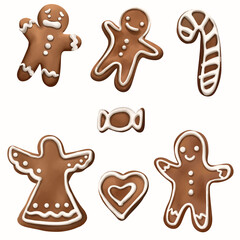 collection of festive gingerbread cookies featuring various shapes including candy cane, heart, and angel, decorated with white icing