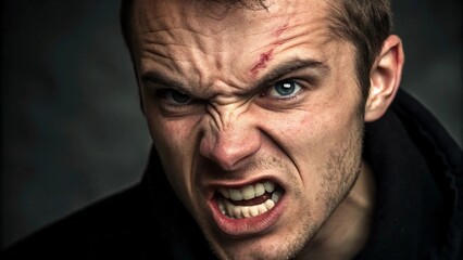 Fototapeta premium A close-up portrait of an angry man with furrowed brows