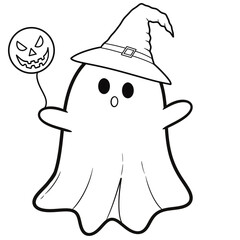 Cute Halloween Witch Ghost | Hand-Drawn Line Art
