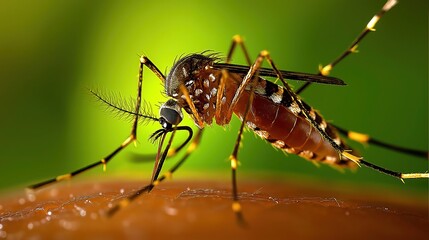 Aedes aegypti mosquito on human skin, carrier of Zika, Dengue, Chikungunya, and Yellow Fever