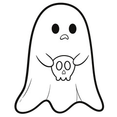 Halloween Ghost Holding Skull | Hand-Drawn Line Art