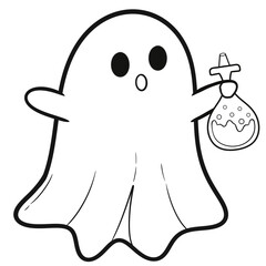 Halloween Ghost Holding Poison Jar | Hand-Drawn Line Art