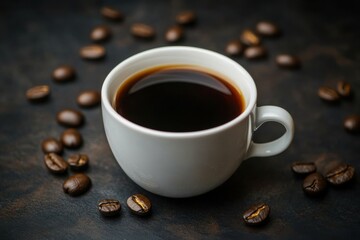 Serving Fresh Coffee in White Cup with Roasted Coffee Beans Around