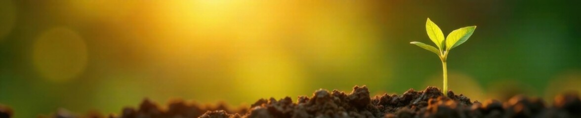 Obraz premium Tiny sprout stretches towards warm golden light, revealing delicate leaves and slender stem, growth, morning light, seedling