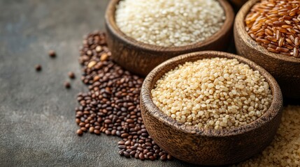 Assortment of Grains in Wooden Bowls Quinoa, Rice, and Seeds