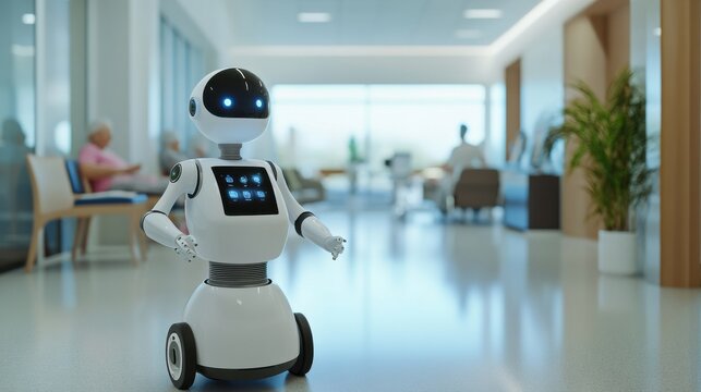 AI powered humanoid robot assisting elderly patients in a smart care facility, advanced healthcare setting with interactive displays, clean and modern senior care home