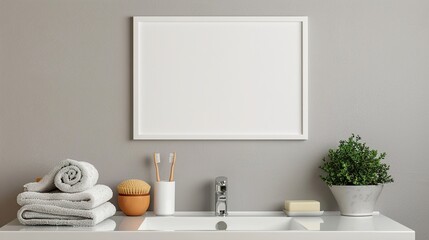 A white rectangular frame in a clean bathroom, placed above the sink with fresh towels, soap, and a small plant.  HD 8K mockup wallpaper Photographic Image