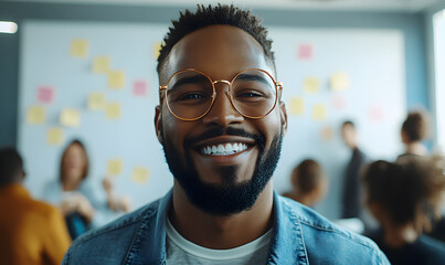 Portrait of a Smiling Black Man Wearing Glasses in a Meeting