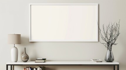 A white rectangular frame in a clean hallway, mounted above a sleek table, with a vase, lamp, and books beneath  HD 8K mockup wallpaper Photographic Image