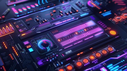 Fototapeta premium Cyberpunk network diagnostic visualization with neon accents blurring 3D bandwidth usage geometric forms on dark futuristic interface.