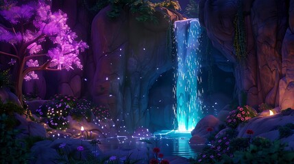 A magical hidden cave with a glowing waterfall flowing into a secret lagoon