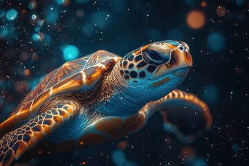 Fototapeta premium Cosmic Turtle Gliding Gracefully Through the Vast Expanse of Outer Space Amidst Glowing Stars and Celestial Clouds