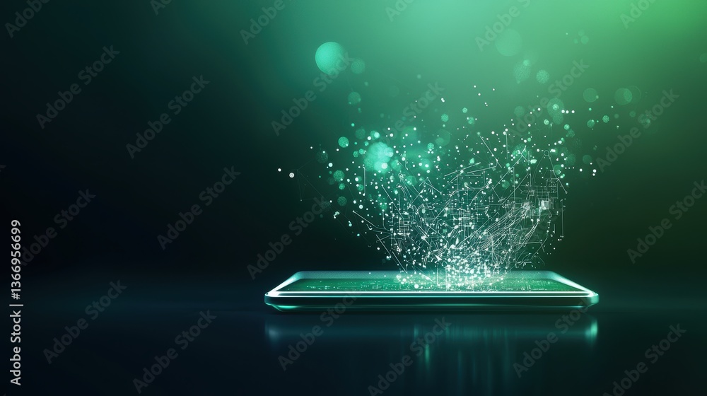 Poster technical digital tablet displaying technical schematics for a futuristic device.