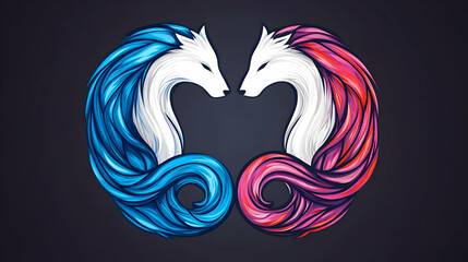 Obraz premium Pixelated Illustration Of Two Symmetrical Foxes In Blue And Pink On Dark Background