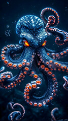 Fototapeta premium Pixelated Octopus Illustration with Blue and Orange Hues in Deep Sea Photo