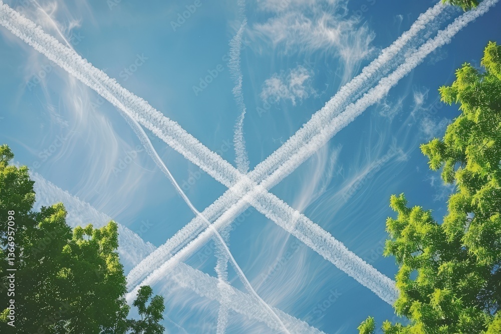 Poster the image features a clear blue sky intersected by white contrails, creating a striking pattern abov