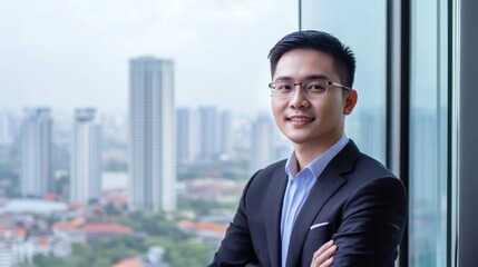 Fototapeta premium Smiling Businessman Portrait with Cityscape Background and Arms Crossed
