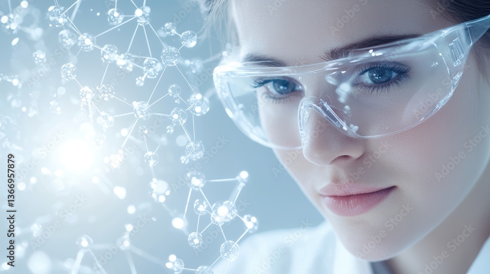 Poster zoom researcher zooming into molecular structures using a high tech digital interface.