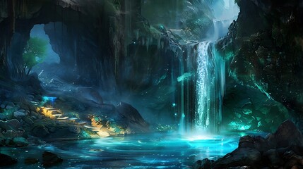 A magical hidden cave with a glowing waterfall flowing into a secret lagoon