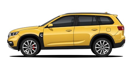 Fototapeta premium Vector illustration of a modern yellow SUV in a side view, featuring sleek design, tinted windows, and silver alloy wheels. Perfect for automotive concepts, transportation themes, and digital artwort.
