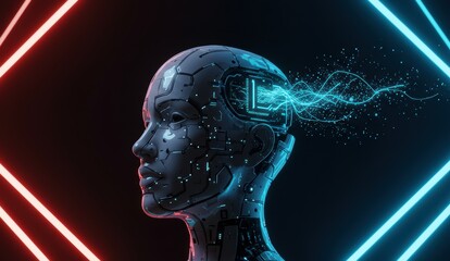 Futuristic robot head with digital circuits illuminated by blue and red light, conveying concepts of technology and innovation.