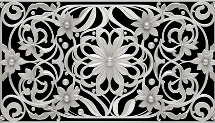 Fototapeta premium Floral Decoration with Scrolls and Pearls in Silver on Black Background