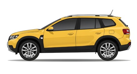Obraz premium Vector illustration of a modern yellow SUV in a side view, featuring sleek design, tinted windows, and silver alloy wheels. Perfect for automotive concepts, transportation themes, and digital artwort.