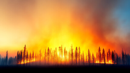 A dramatic scene of a forest fire, with flames illuminating the sky and silhouetting the trees against a vibrant orange and blue backdrop.