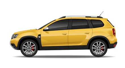 Obraz premium Vector illustration of a modern yellow SUV in a side view, featuring sleek design, tinted windows, and silver alloy wheels. Perfect for automotive concepts, transportation themes, and digital artwort.