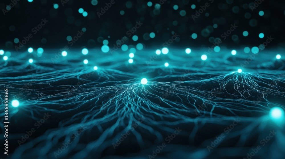 Poster big data global data connections represented by glowing nodes in cyberspace.