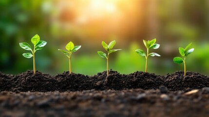 Five Young Seedlings Growing in Rich Soil at Sunrise