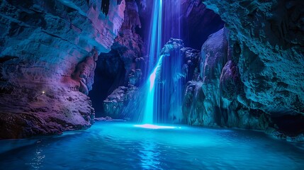 A magical hidden cave with a glowing waterfall flowing into a secret lagoon