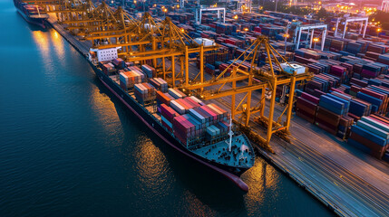 Detailed view of cranes at port unloading containers from a ship, highlighting the synchronized logistics of the supply chain.