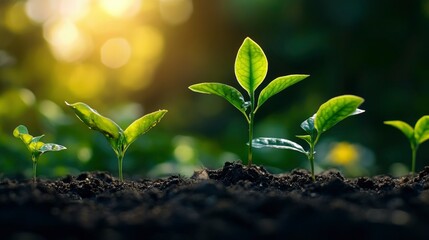 Fototapeta premium Young Plants Growing in Soil at Sunrise - Symbol of Growth, Renewal, and New Beginnings