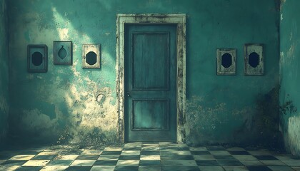Abandoned room with teal walls, weathered door, and checkered floor.