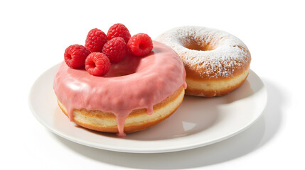 Pink Glazed Donut With Fresh Raspberries and Powdered Sugar Donut on White Plate