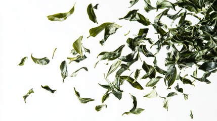 11.A visually striking image of green tea leaves swirling in the air, suspended against a blank white background, providing an ideal canvas for a minimalist design or promotional message about