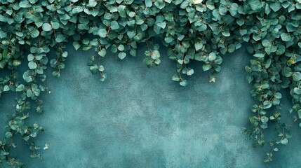 Obraz premium Lush Green Ivy Covering a Teal Wall - Nature Background Texture