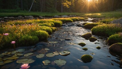 Naklejka premium Stream Flowing Through a Meadow with Lilies and Sun Rays