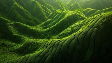 Fototapeta premium 17.A sweeping view of a lush, green tea plantation in Guangxi province, with the natural beauty of the rolling hills and tea rows, complemented by the clear, open sky above, evoking a sense of calm