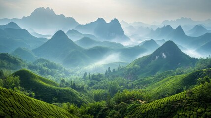 Fototapeta premium 17.A sweeping view of a lush, green tea plantation in Guangxi province, with the natural beauty of the rolling hills and tea rows, complemented by the clear, open sky above, evoking a sense of calm