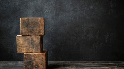 Stack of Three Rustic Wooden Blocks Against Dark Background